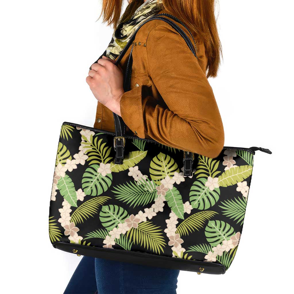 Black Hawaii Plumeria Lei With Tropical Leaves Leather Tote Bag LT14 Black - Polynesian Pride