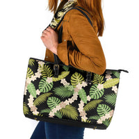 Black Hawaii Plumeria Lei With Tropical Leaves Leather Tote Bag LT14 Black - Polynesian Pride