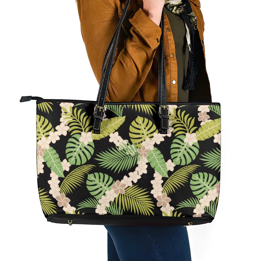 Black Hawaii Plumeria Lei With Tropical Leaves Leather Tote Bag LT14 - Polynesian Pride
