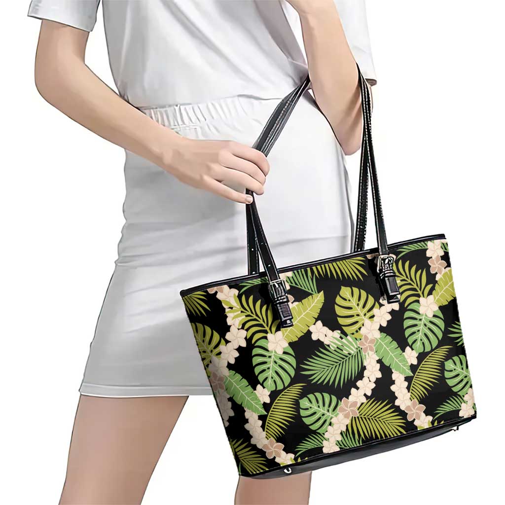 Black Hawaii Plumeria Lei With Tropical Leaves Leather Tote Bag LT14 - Polynesian Pride