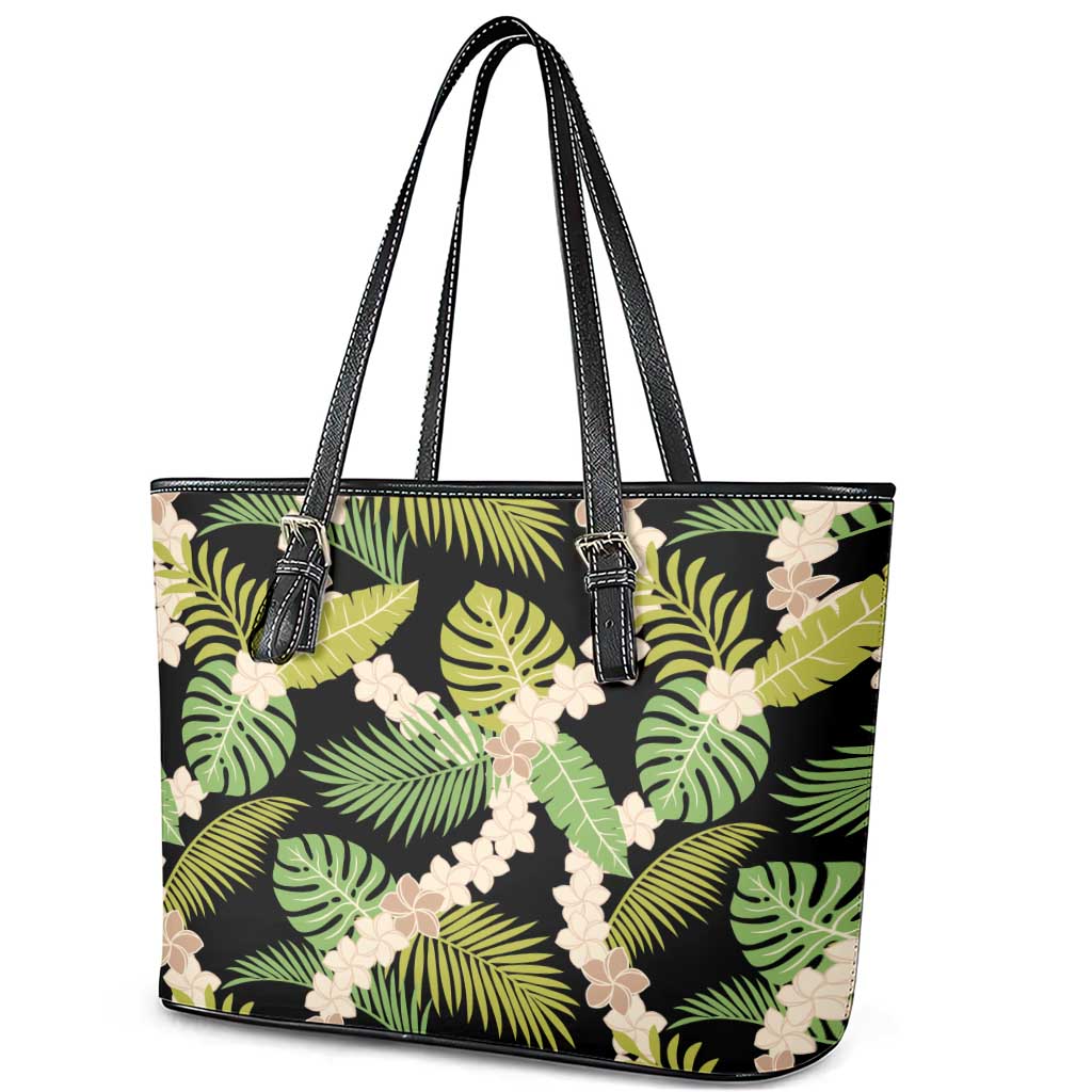 Black Hawaii Plumeria Lei With Tropical Leaves Leather Tote Bag LT14 - Polynesian Pride