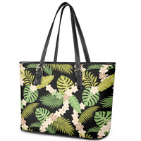 Black Hawaii Plumeria Lei With Tropical Leaves Leather Tote Bag LT14 - Polynesian Pride