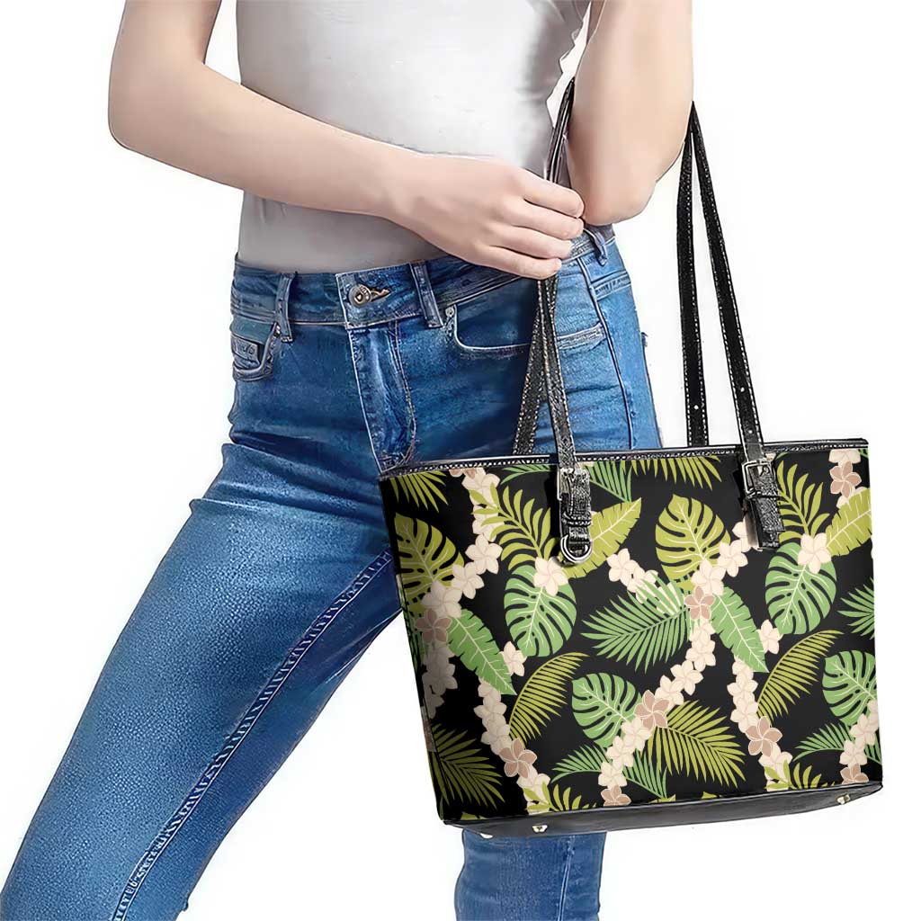 Black Hawaii Plumeria Lei With Tropical Leaves Leather Tote Bag LT14 - Polynesian Pride
