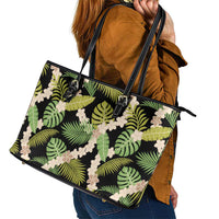 Black Hawaii Plumeria Lei With Tropical Leaves Leather Tote Bag LT14 - Polynesian Pride