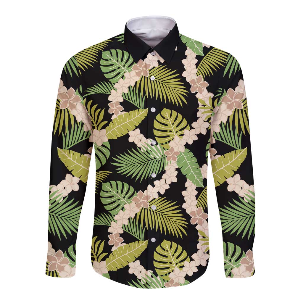 Black Hawaii Plumeria Lei With Tropical Leaves Long Sleeve Button Shirt LT14 Unisex Black - Polynesian Pride