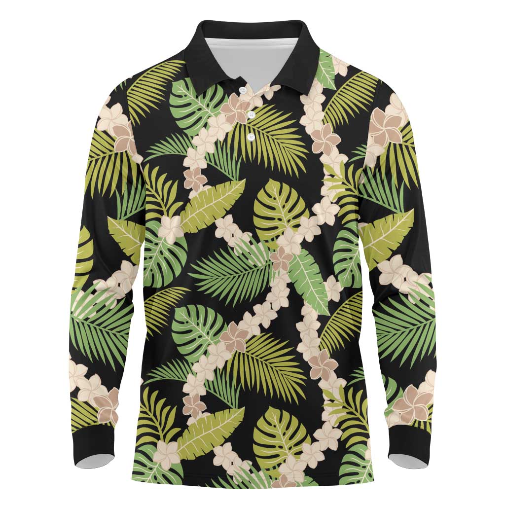 Black Hawaii Plumeria Lei With Tropical Leaves Long Sleeve Polo Shirt