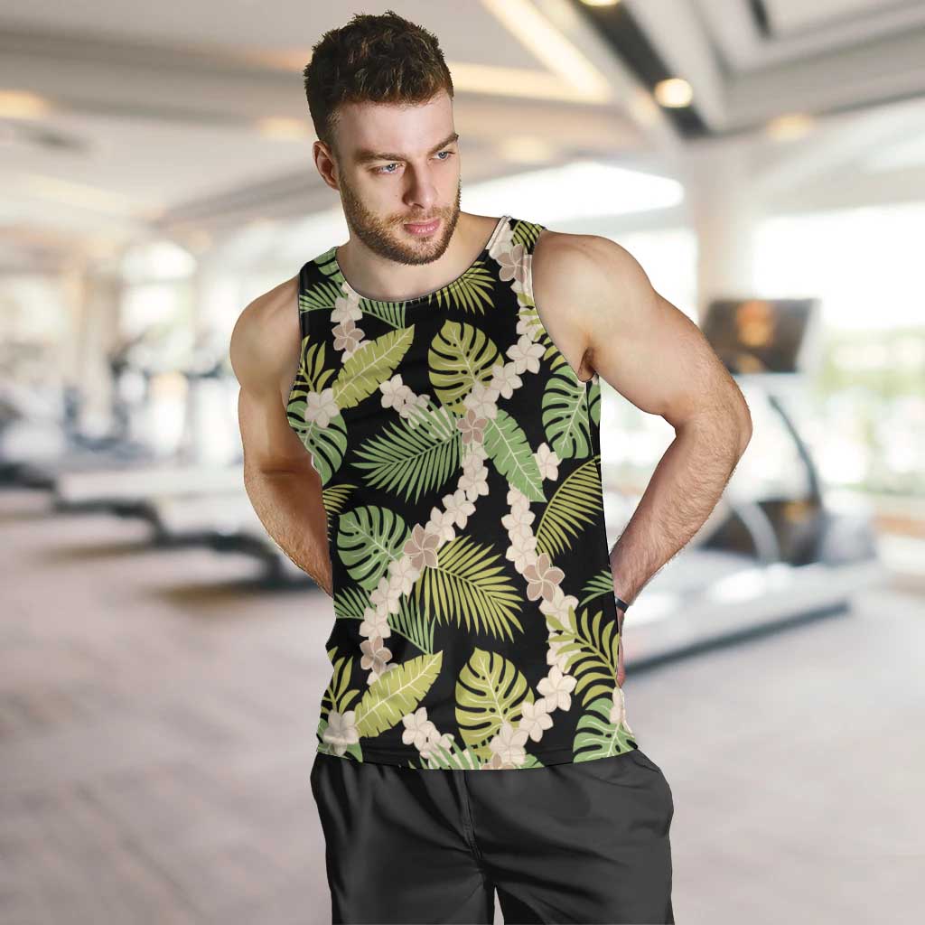 Black Hawaii Plumeria Lei With Tropical Leaves Men Tank Top LT14 Black - Polynesian Pride