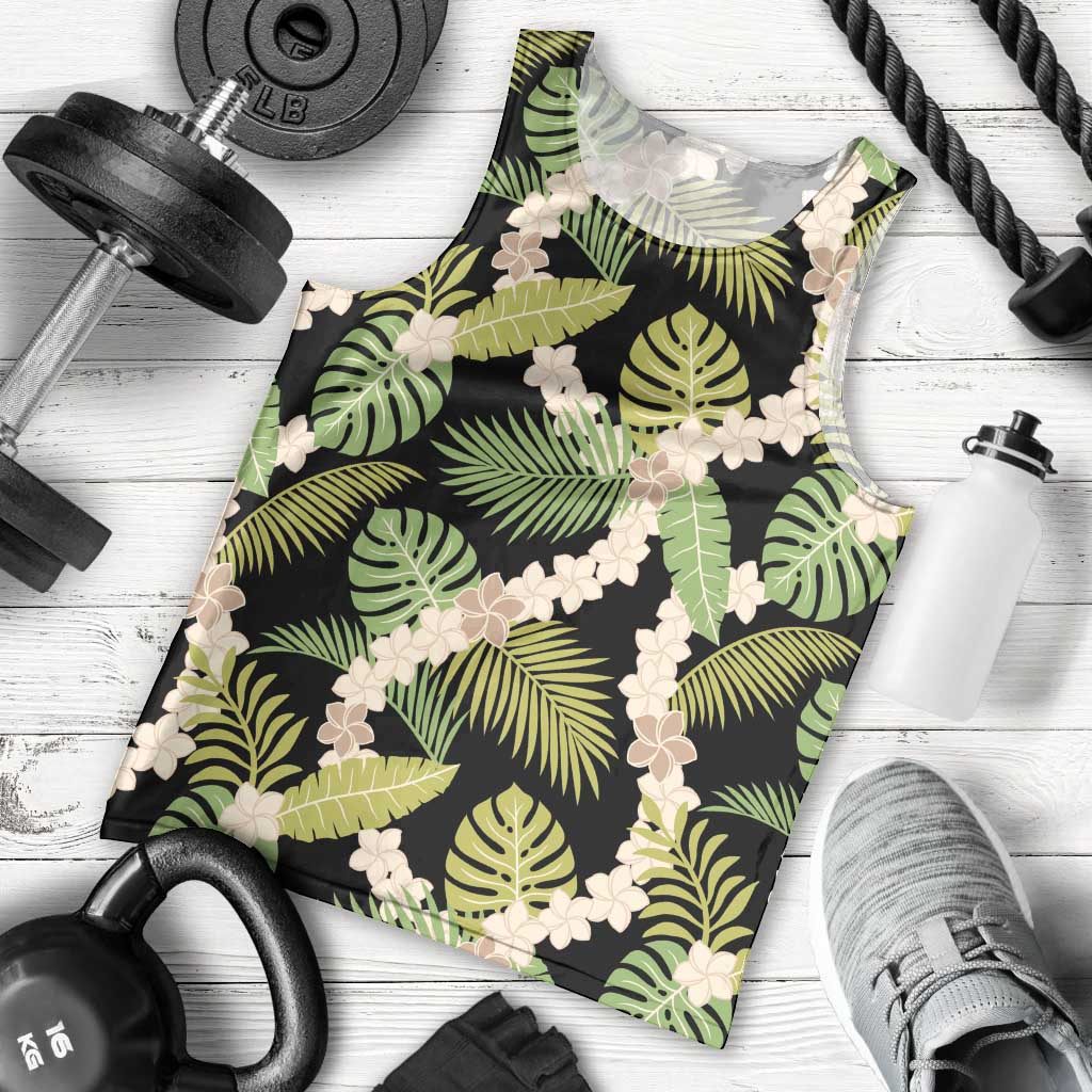 Black Hawaii Plumeria Lei With Tropical Leaves Men Tank Top LT14 - Polynesian Pride