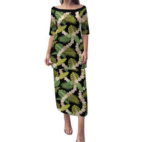 Black Hawaii Plumeria Lei With Tropical Leaves Puletasi LT14 Long Dress Black - Polynesian Pride