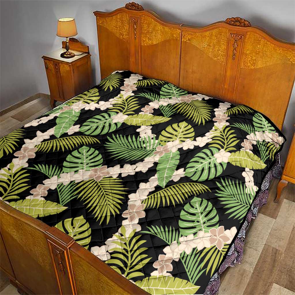 Black Hawaii Plumeria Lei With Tropical Leaves Quilt