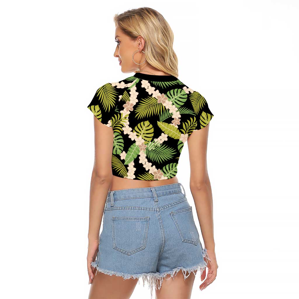 Black Hawaii Plumeria Lei With Tropical Leaves Raglan Cropped T Shirt LT14 - Polynesian Pride