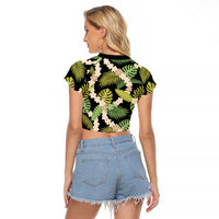 Black Hawaii Plumeria Lei With Tropical Leaves Raglan Cropped T Shirt LT14 - Polynesian Pride