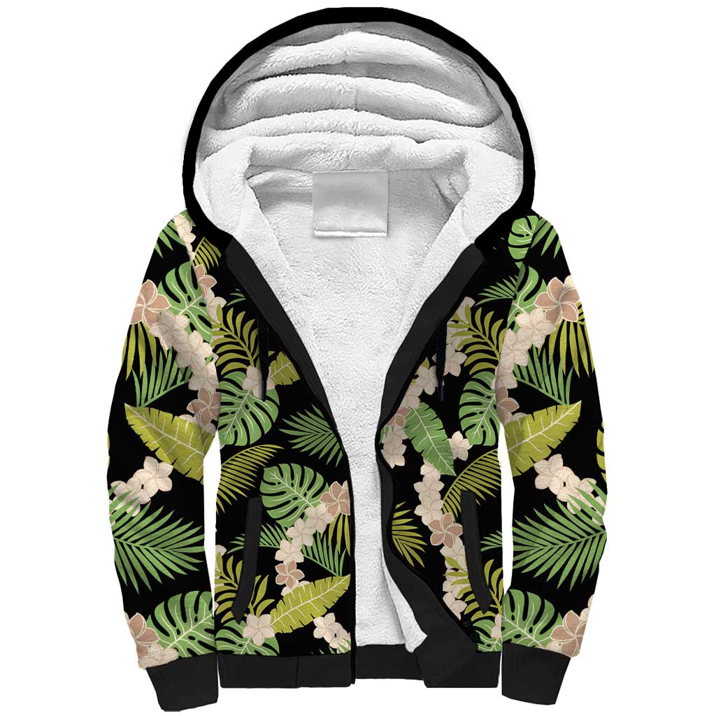 Black Hawaii Plumeria Lei With Tropical Leaves Sherpa Hoodie LT14 Unisex Black - Polynesian Pride