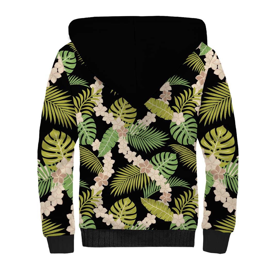 Black Hawaii Plumeria Lei With Tropical Leaves Sherpa Hoodie LT14 - Polynesian Pride
