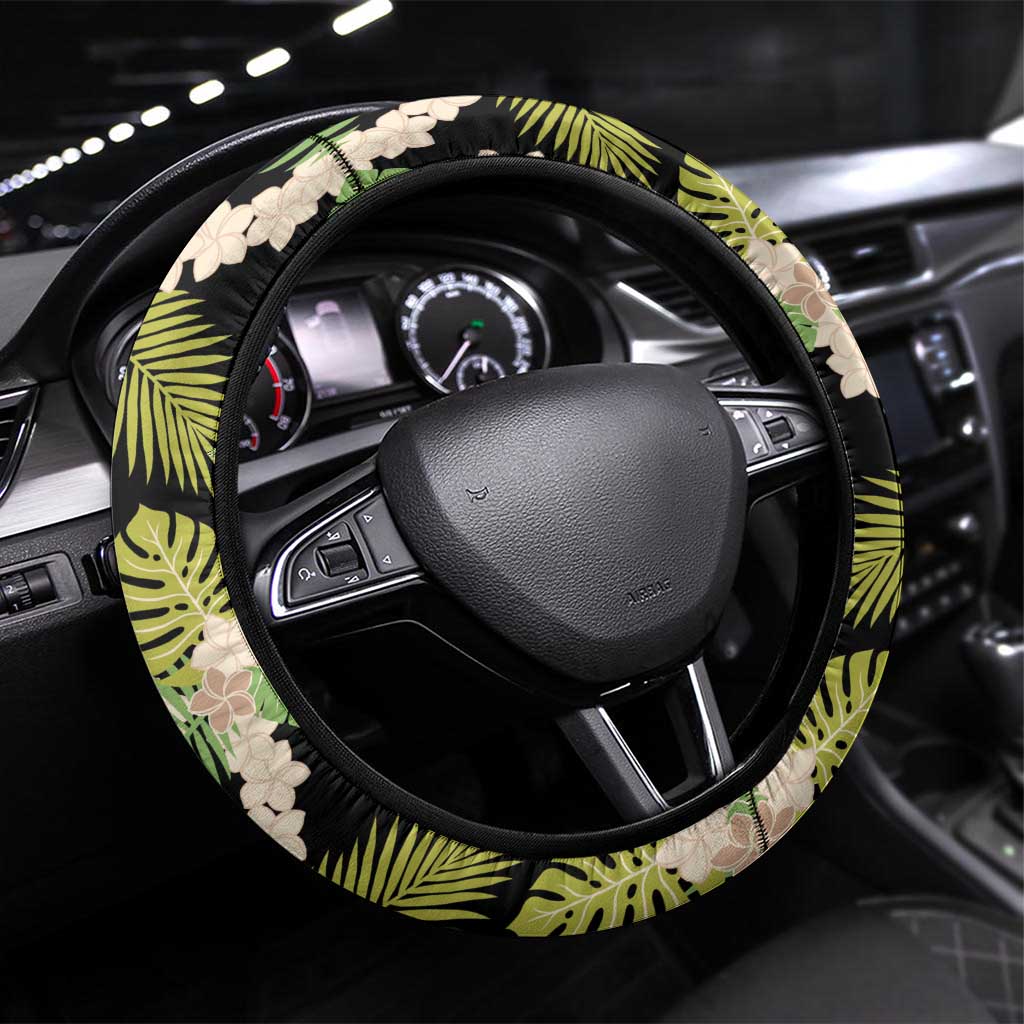 Black Hawaii Plumeria Lei With Tropical Leaves Steering Wheel Cover LT14 Universal Fit Black - Polynesian Pride