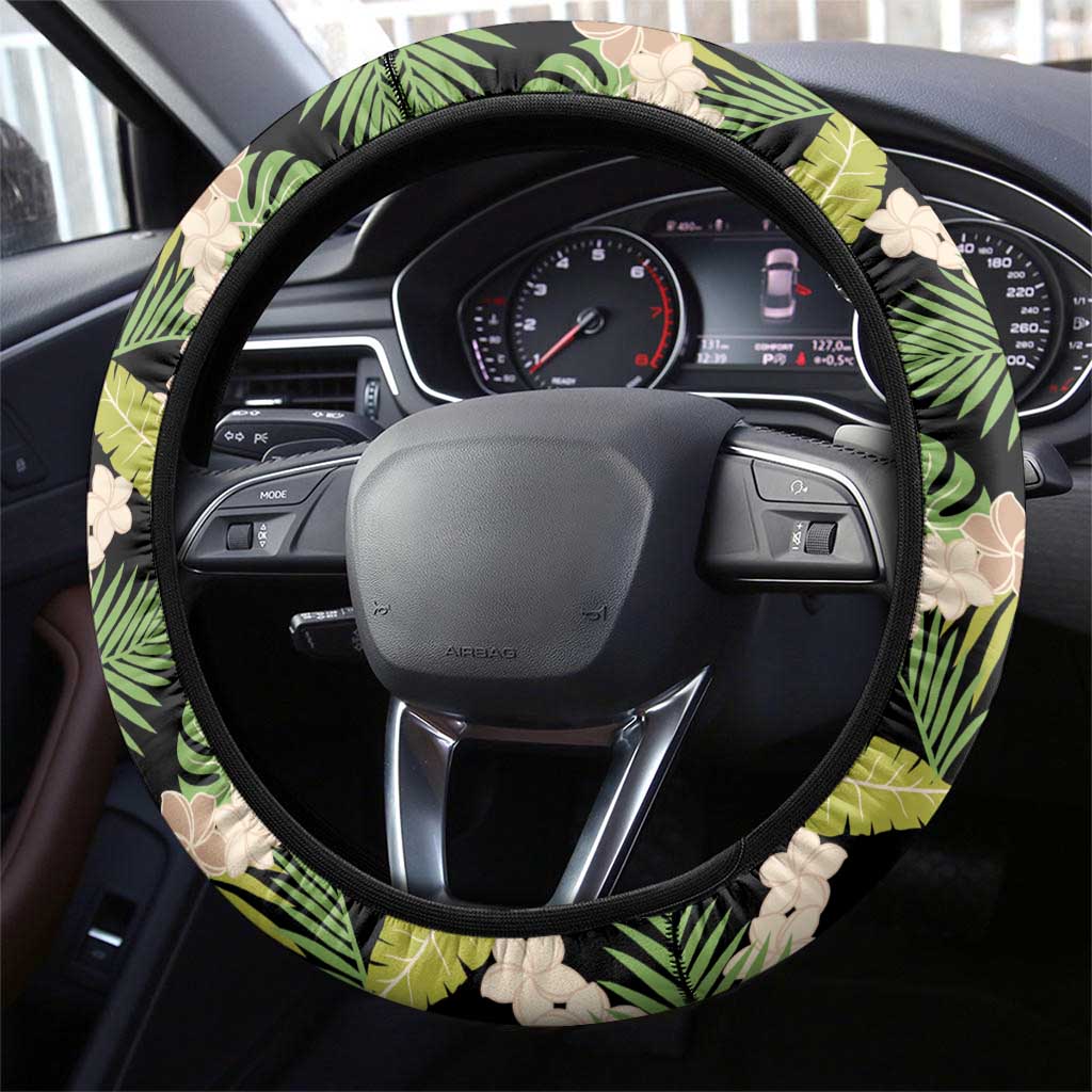 Black Hawaii Plumeria Lei With Tropical Leaves Steering Wheel Cover LT14 - Polynesian Pride