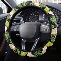 Black Hawaii Plumeria Lei With Tropical Leaves Steering Wheel Cover LT14 - Polynesian Pride