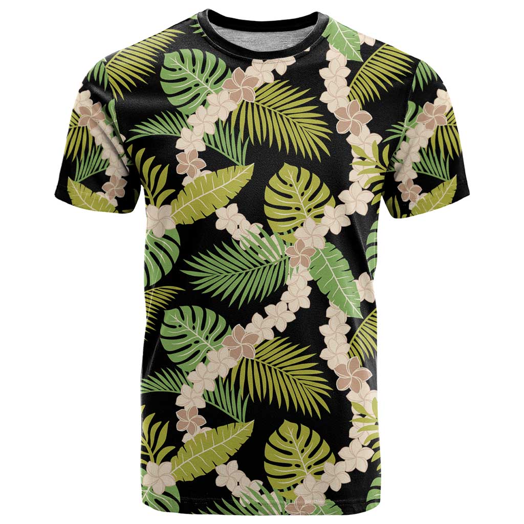 Black Hawaii Plumeria Lei With Tropical Leaves T Shirt