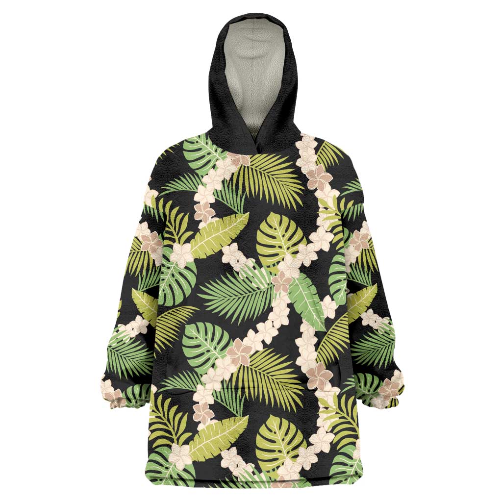 Black Hawaii Plumeria Lei With Tropical Leaves Wearable Blanket Hoodie LT14 One Size Black - Polynesian Pride