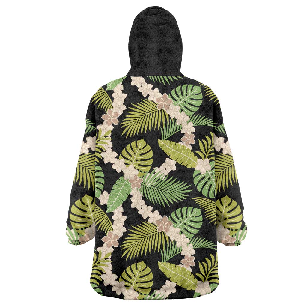 Black Hawaii Plumeria Lei With Tropical Leaves Wearable Blanket Hoodie LT14 - Polynesian Pride