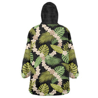 Black Hawaii Plumeria Lei With Tropical Leaves Wearable Blanket Hoodie LT14 - Polynesian Pride