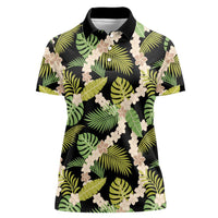 Black Hawaii Plumeria Lei With Tropical Leaves Women Polo Shirt