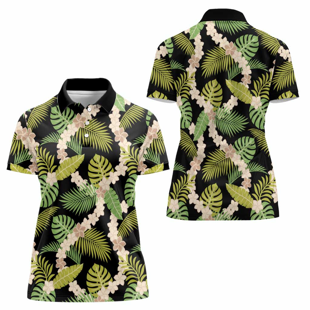 Black Hawaii Plumeria Lei With Tropical Leaves Women Polo Shirt