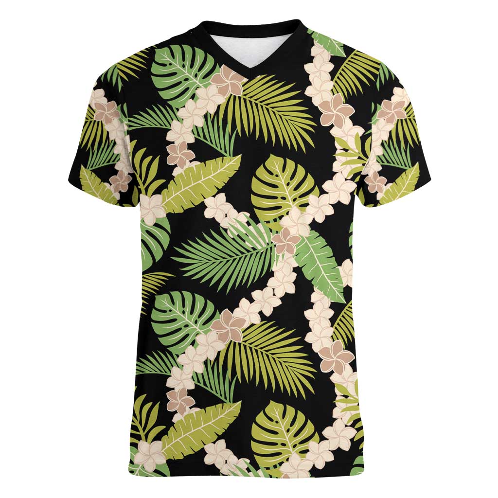 Black Hawaii Plumeria Lei With Tropical Leaves Women V-Neck T-Shirt LT14 Female Black - Polynesian Pride