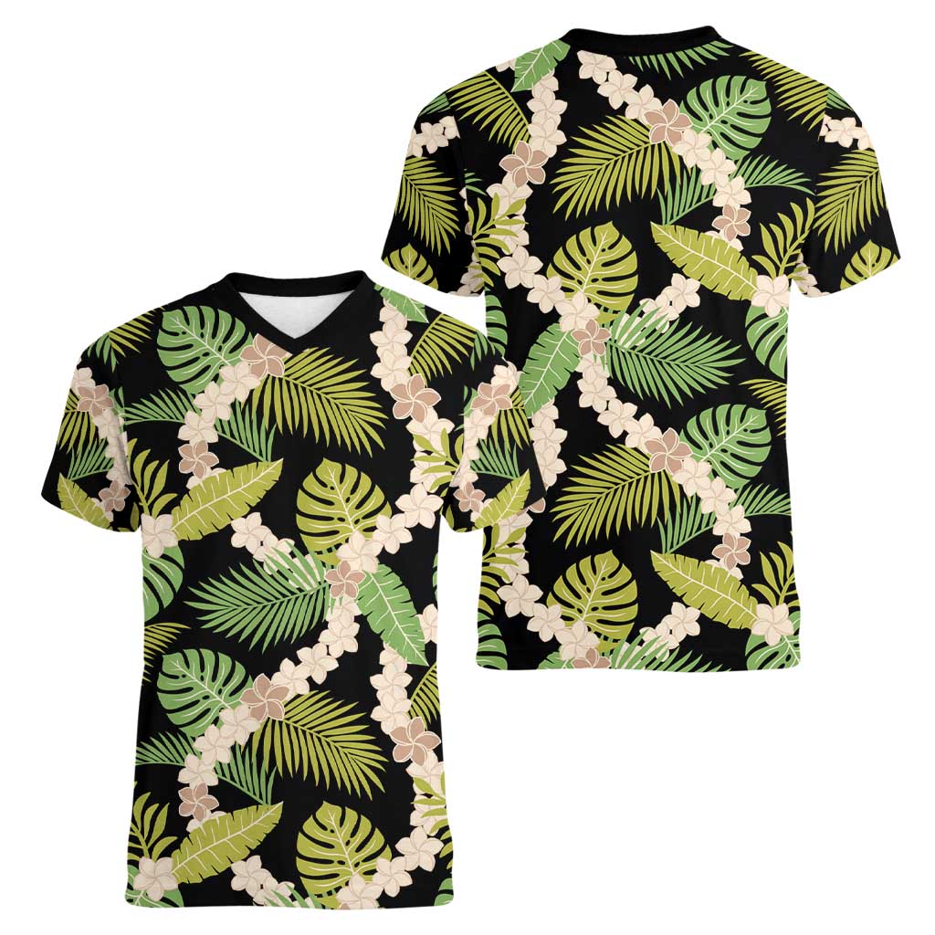 Black Hawaii Plumeria Lei With Tropical Leaves Women V-Neck T-Shirt LT14 - Polynesian Pride