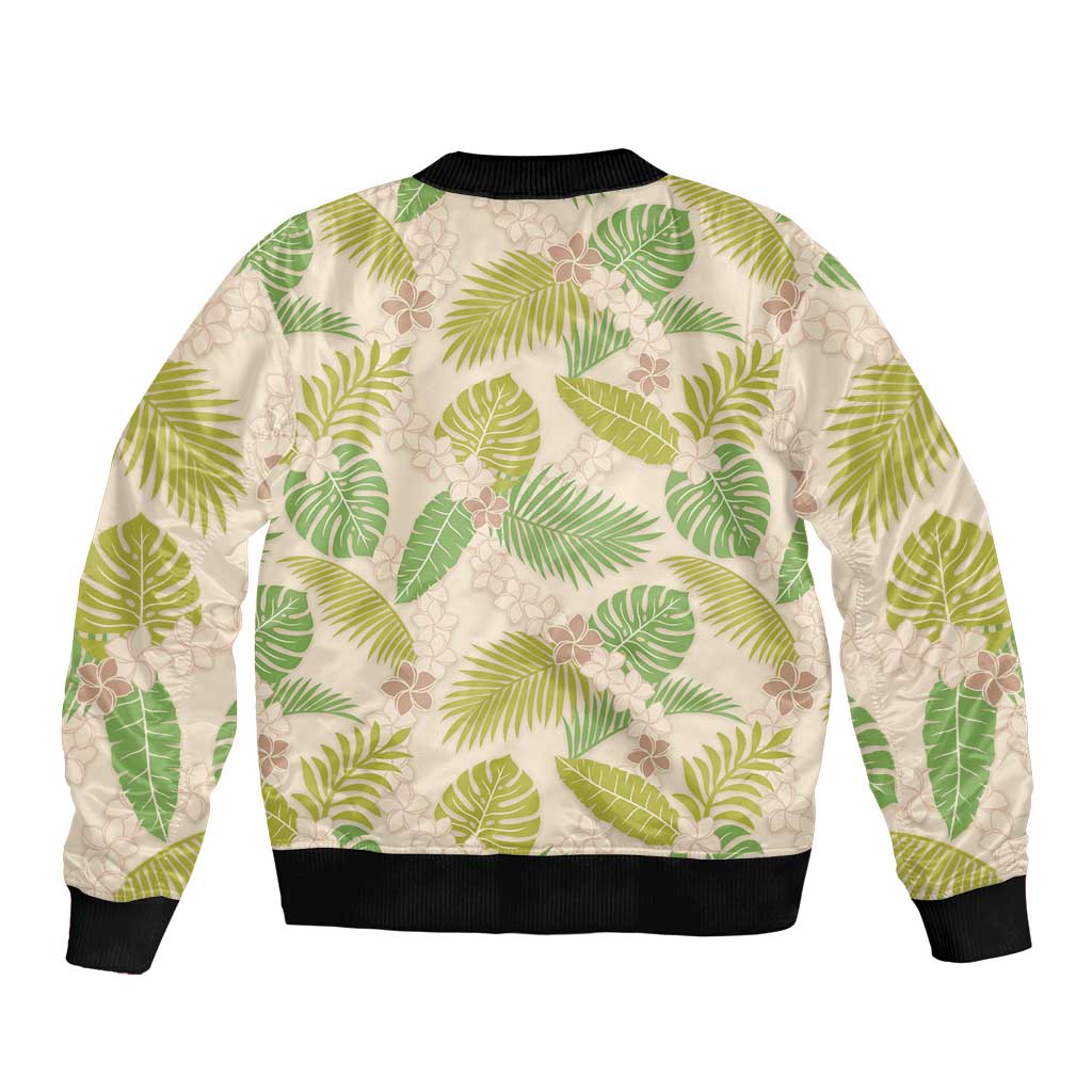 Beige Hawaii Plumeria Lei With Tropical Leaves Bomber Jacket