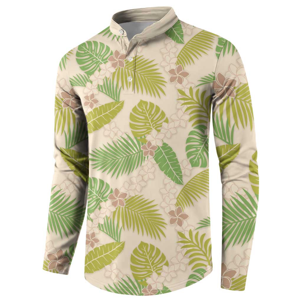 Beige Hawaii Plumeria Lei With Tropical Leaves Button Sweatshirt LT14 - Polynesian Pride