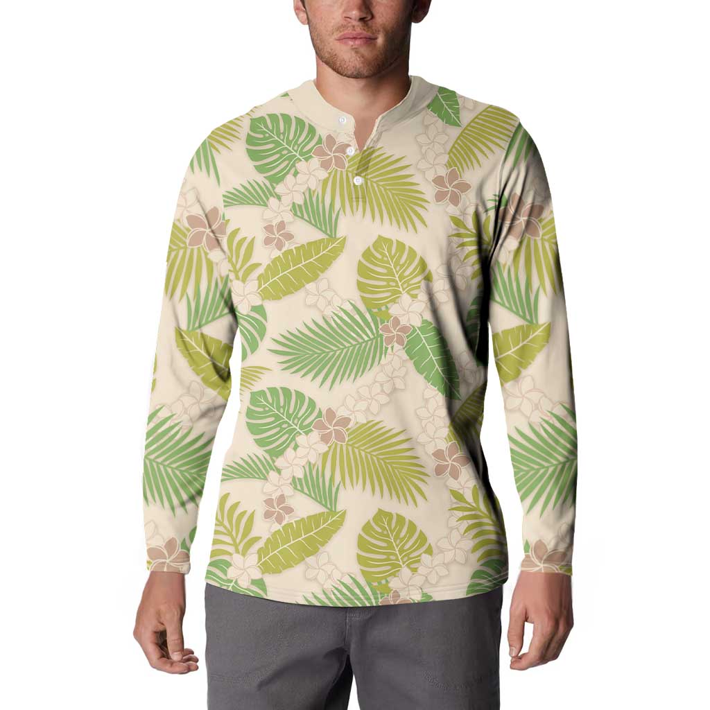 Beige Hawaii Plumeria Lei With Tropical Leaves Button Sweatshirt LT14 - Polynesian Pride