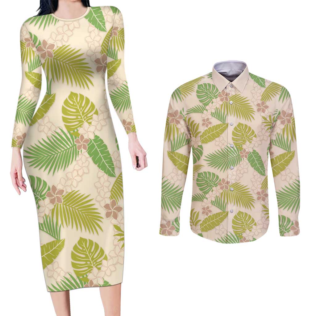 Beige Hawaii Plumeria Lei With Tropical Leaves Couples Matching Long Sleeve Bodycon Dress and Long Sleeve Button Shirt LT14 Beige - Polynesian Pride