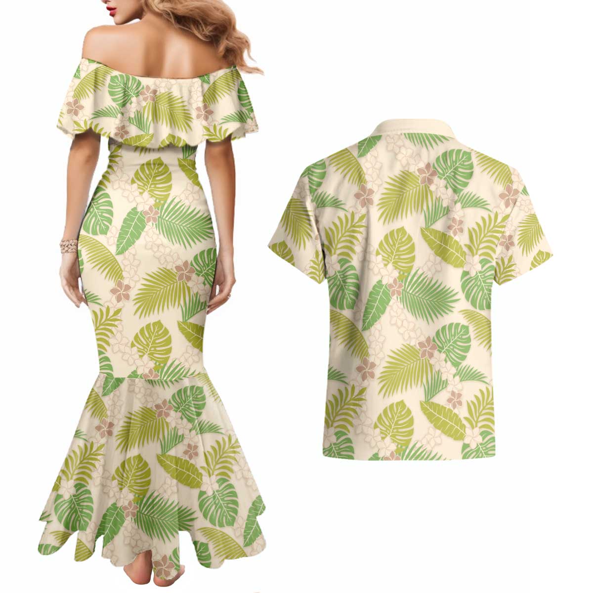 Beige Hawaii Plumeria Lei With Tropical Leaves Couples Matching Mermaid Dress and Hawaiian Shirt