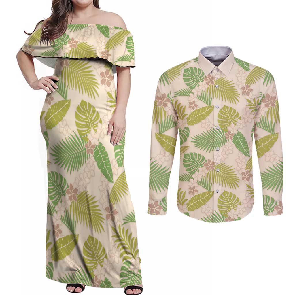 Beige Hawaii Plumeria Lei With Tropical Leaves Couples Matching Off Shoulder Maxi Dress and Long Sleeve Button Shirt LT14 Beige - Polynesian Pride