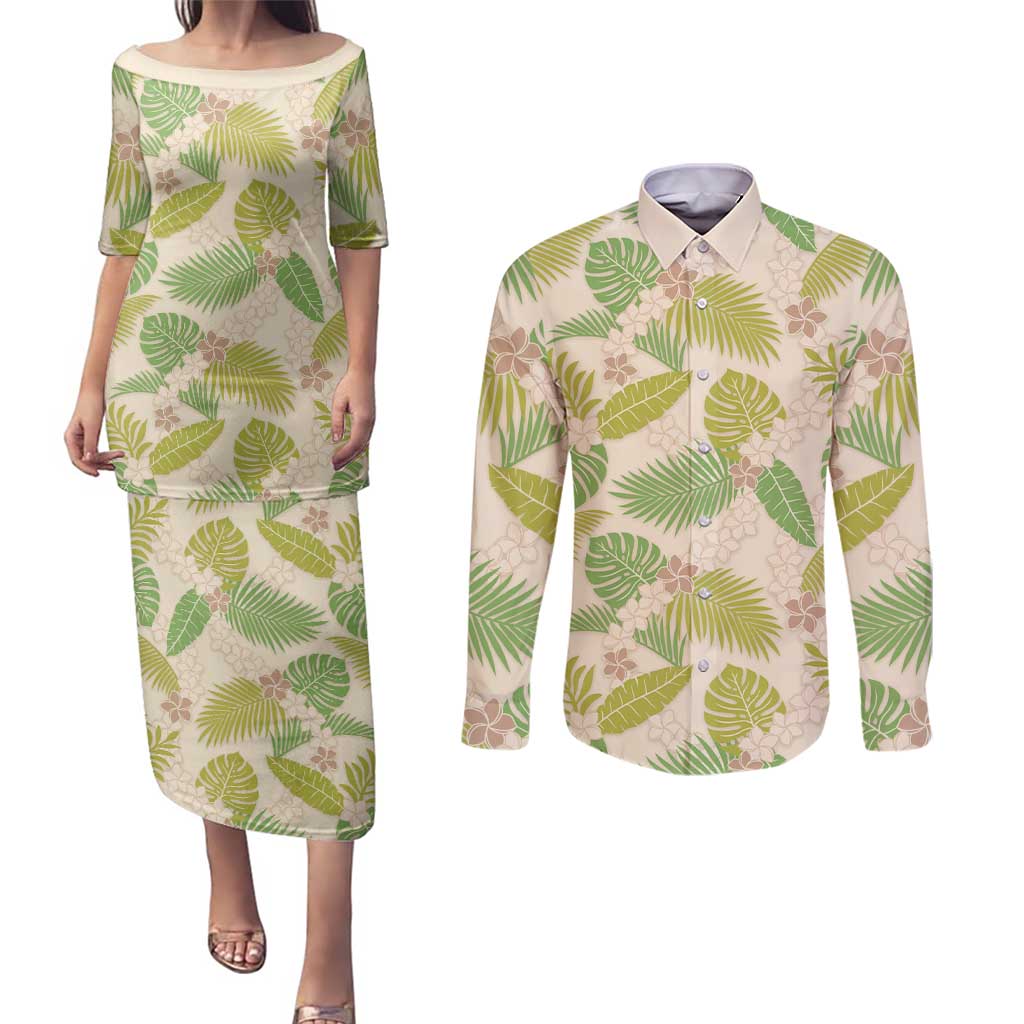 Beige Hawaii Plumeria Lei With Tropical Leaves Couples Matching Puletasi and Long Sleeve Button Shirt LT14 Beige - Polynesian Pride
