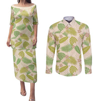 Beige Hawaii Plumeria Lei With Tropical Leaves Couples Matching Puletasi and Long Sleeve Button Shirt LT14 Beige - Polynesian Pride