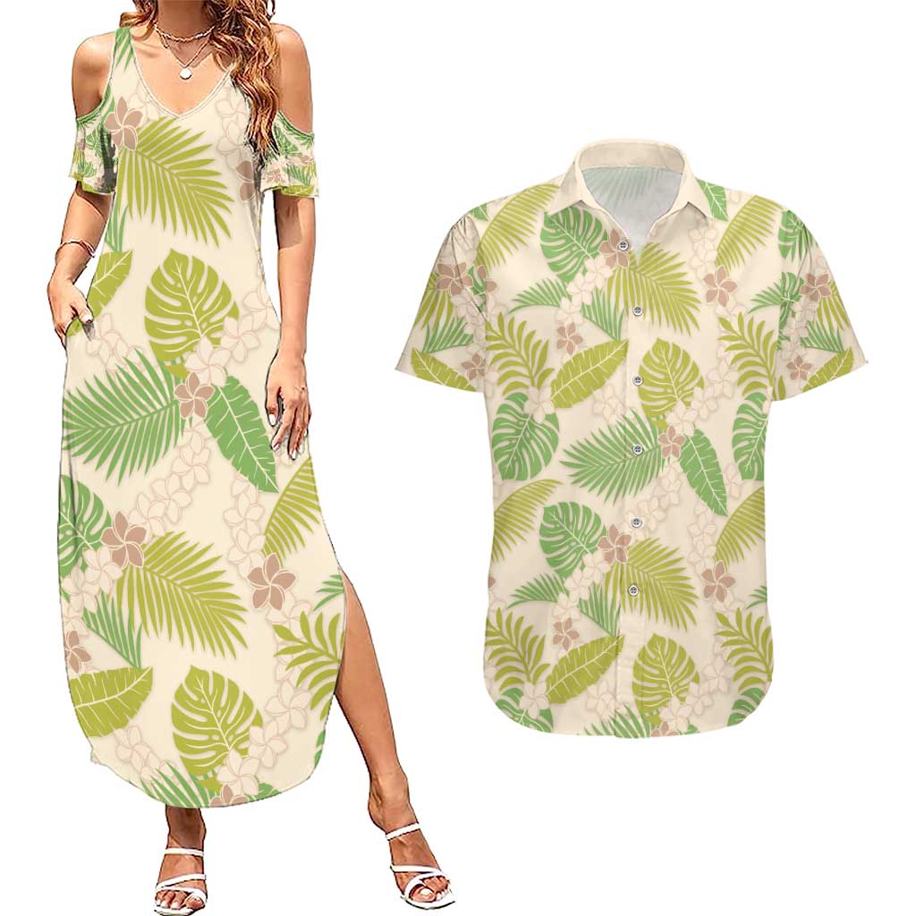 Beige Hawaii Plumeria Lei With Tropical Leaves Couples Matching Summer Maxi Dress and Hawaiian Shirt LT14 Beige - Polynesian Pride