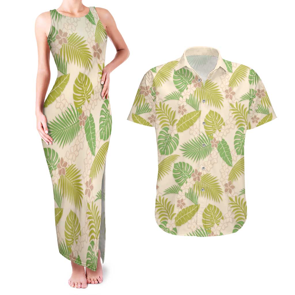 Beige Hawaii Plumeria Lei With Tropical Leaves Couples Matching Tank Maxi Dress and Hawaiian Shirt LT14 Beige - Polynesian Pride