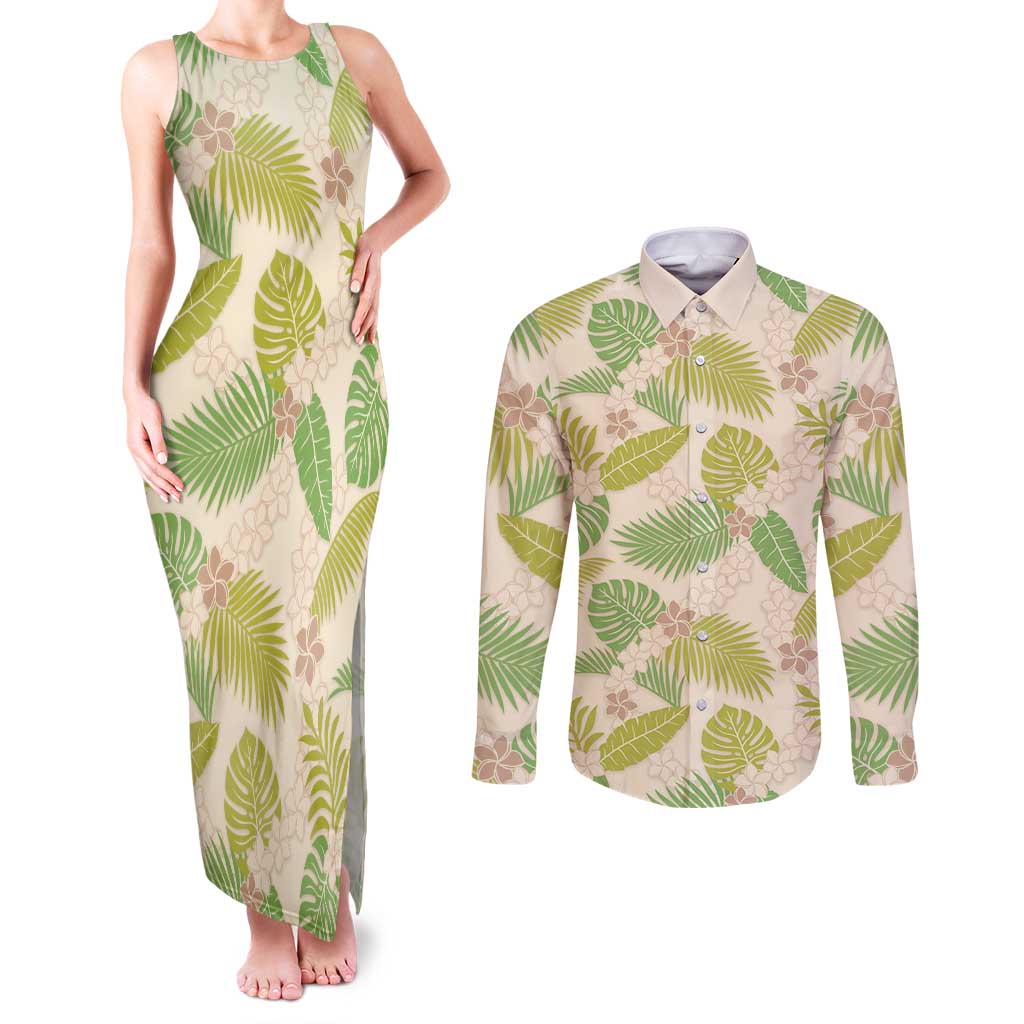 Beige Hawaii Plumeria Lei With Tropical Leaves Couples Matching Tank Maxi Dress and Long Sleeve Button Shirt LT14 Beige - Polynesian Pride