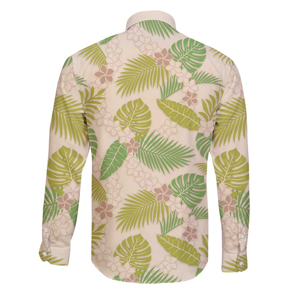 Beige Hawaii Plumeria Lei With Tropical Leaves Family Matching Long Sleeve Bodycon Dress and Hawaiian Shirt