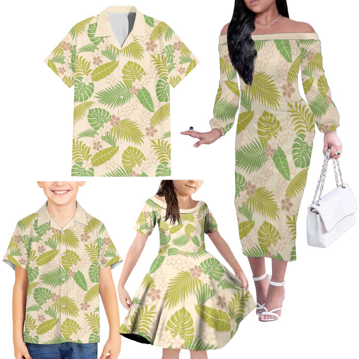 Beige Hawaii Plumeria Lei With Tropical Leaves Family Matching Off The Shoulder Long Sleeve Dress and Hawaiian Shirt