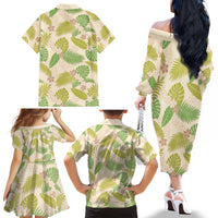 Beige Hawaii Plumeria Lei With Tropical Leaves Family Matching Off The Shoulder Long Sleeve Dress and Hawaiian Shirt