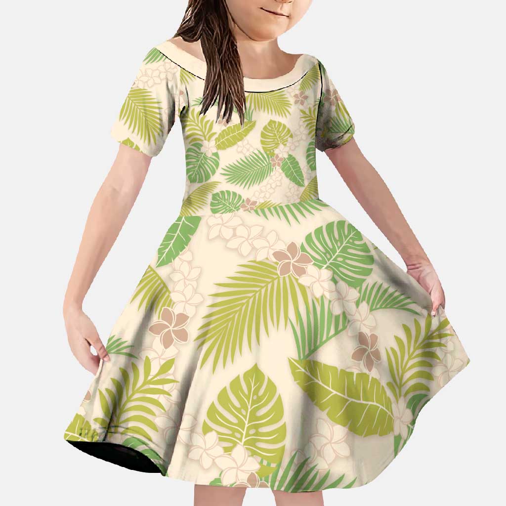 Beige Hawaii Plumeria Lei With Tropical Leaves Family Matching Off Shoulder Maxi Dress and Hawaiian Shirt