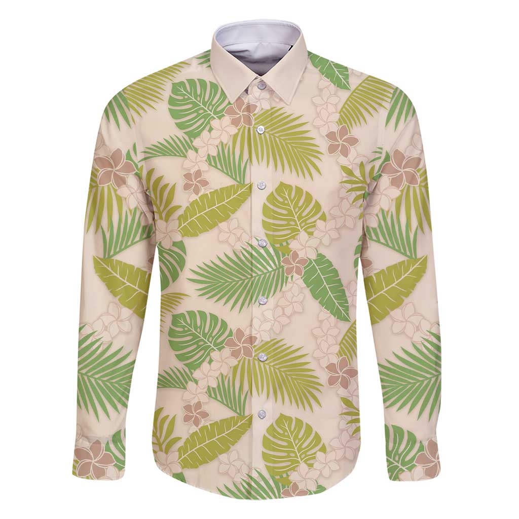 Beige Hawaii Plumeria Lei With Tropical Leaves Family Matching Off Shoulder Maxi Dress and Hawaiian Shirt