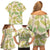 Beige Hawaii Plumeria Lei With Tropical Leaves Family Matching Off Shoulder Short Dress and Hawaiian Shirt