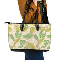 Beige Hawaii Plumeria Lei With Tropical Leaves Leather Tote Bag LT14 - Polynesian Pride