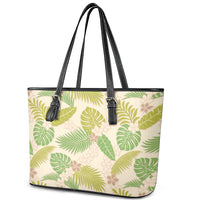 Beige Hawaii Plumeria Lei With Tropical Leaves Leather Tote Bag LT14 - Polynesian Pride