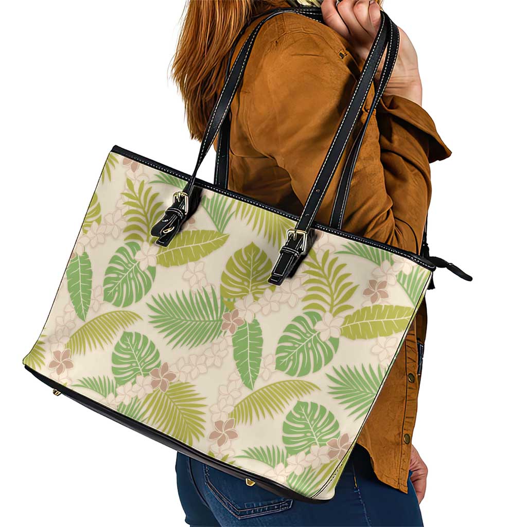 Beige Hawaii Plumeria Lei With Tropical Leaves Leather Tote Bag LT14 - Polynesian Pride