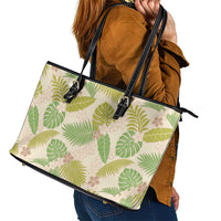 Beige Hawaii Plumeria Lei With Tropical Leaves Leather Tote Bag LT14 - Polynesian Pride